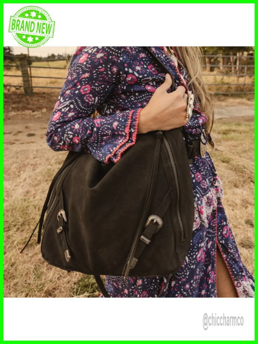 Large Hobo Purse with Buckle and Fringe Faux Suede Shoulder Bag